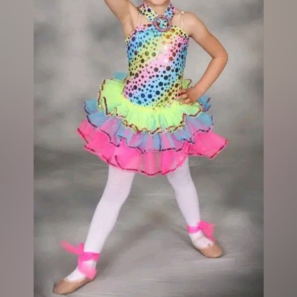 Dance costume- leotard tutu headpiece neon rainbow leopard